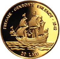 Latvia coin 20 Latu - Frigate Gekroente Ehlendt (1997) reverse reverse of 20 Latu - Frigate Gekroente Ehlendt (1997) coin with KM# 41 from Latvia. Inscription: FREGATE · GEKROENTE EHLENDT · 1642 20 LATU