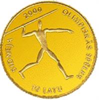 Latvia coin 10 Latu - Javelin Thrower (1999) reverse reverse of 10 Latu - Javelin Thrower (1999) coin with KM# 43 from Latvia. Inscription: SIDNEJA 2000 OLIMPISKAS SPELES 10 LATU