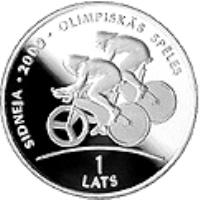 Latvia coin 1 Lats - Track Cycling (1999) reverse reverse of 1 Lats - Track Cycling (1999) coin with KM# 44 from Latvia. Inscription: SIDNEJA · 2000 · OLIMPISKAS SPELES 1 LATS