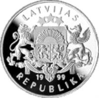 Latvia coin 1 Lats - European Mink (1999) obverse obverse of 1 Lats - European Mink (1999) coin with KM# 45 from Latvia. Inscription: LATVIJAS 1999 REPUBLIKA