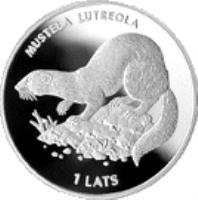 Latvia coin 1 Lats - European Mink (1999) reverse reverse of 1 Lats - European Mink (1999) coin with KM# 45 from Latvia. Inscription: MUSTELA LUTREOLA 1 LATS