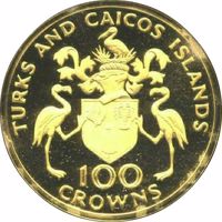 Turks and Caicos Islands coin 100 Crowns - Elizabeth II - Centenary of the birth of Churchill (1974) obverse obverse of 100 Crowns - Elizabeth II - Centenary of the birth of Churchill (1974) coin with KM# 4 from Turks and Caicos Islands. Inscription: TURKS AND CAICOS ISLANDS 100 CROWNS