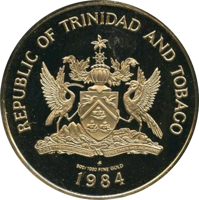 Trinidad and Tobago coin 200 Dollars - 20th Anniversary of Central Bank (1984) obverse obverse of 200 Dollars - 20th Anniversary of Central Bank (1984) coin with KM# 56 from Trinidad and Tobago. Inscription: REPUBLIC OF TRINIDAD AND TOBAGO TOGETHER WE ASPIRE TOGETHER WE ACHIEVE FM 500/1000 FINE GOLD 1984