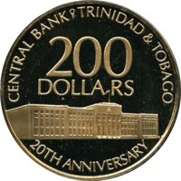 Trinidad and Tobago coin 200 Dollars - 20th Anniversary of Central Bank (1984) reverse reverse of 200 Dollars - 20th Anniversary of Central Bank (1984) coin with KM# 56 from Trinidad and Tobago. Inscription: CENTRAL BANK OF TRINIDAD&TOBAGO 200 DOLLARS 20TH ANNIVERSARY