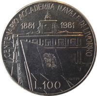 reverse of 100 Lire - Centennial of Livorno Naval Academy (1981) coin with KM# 108 from Italy. Inscription: CENTENARIO ACADEMIA NAVALE DI LIVORNO 1881 1981 L. 100 R MOPPI RI