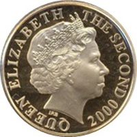Jersey coin 1 Sovereign - Elizabeth II - William I - Duke of Normandy (2000) obverse obverse of 1 Sovereign - Elizabeth II - William I - Duke of Normandy (2000) coin with KM# 110 from Jersey. Inscription: QUEEN ELIZABETH THE SECOND IRB 2000