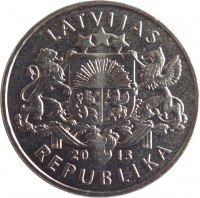 obverse of 1 Lats - Parity coin (2013) coin with KM# 145 from Latvia. Inscription: LATVIJAS 20 13 REPUBLIKA