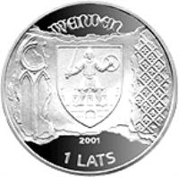 Latvia coin 1 Lats - Cesis (2001) obverse obverse of 1 Lats - Cesis (2001) coin with KM# 49 from Latvia. Inscription: WENDEN 2001 1 LATS