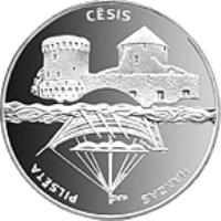 Latvia coin 1 Lats - Cesis (2001) reverse reverse of 1 Lats - Cesis (2001) coin with KM# 49 from Latvia. Inscription: CĒSIS HANZAS PILSĒTA