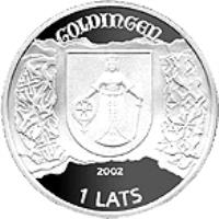 Latvia coin 1 Lats - Kuldiga (2002) obverse obverse of 1 Lats - Kuldiga (2002) coin with KM# 53 from Latvia. Inscription: GOLDINGEN 2002 1 LATS
