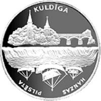 Latvia coin 1 Lats - Kuldiga (2002) reverse reverse of 1 Lats - Kuldiga (2002) coin with KM# 53 from Latvia. Inscription: KULDĪGA HANZAS PILSETA