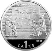 Latvia coin 1 Lats - The Latvian ABC Book (2010) obverse obverse of 1 Lats - The Latvian ABC Book (2010) coin with KM# 111 from Latvia. Inscription: 2010 LA1TS