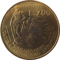 reverse of 200 Lire - Carabinieri (1999) coin with KM# 218 from Italy. Inscription: 1969-1999 L.200 CARABINIERI TUTELA PATRIMONIO ARTISTICO