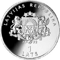 Latvia coin 1 Lats - Greco-Roman Wrestling (2002) obverse obverse of 1 Lats - Greco-Roman Wrestling (2002) coin with KM# 57 from Latvia. Inscription: LATVIJAS REPUBLIKA 2002 1 LATS
