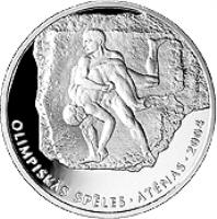 reverse of 1 Lats - Greco-Roman Wrestling (2002) coin with KM# 57 from Latvia. Inscription: OLIMPISKAS SPELES ATENAS 2004