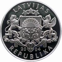 obverse of 1 Lats - FIFA World Cup 2006 (2004) coin with KM# 63 from Latvia. Inscription: LATVIJAS 2004 REPUBLIKA