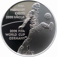 reverse of 1 Lats - FIFA World Cup 2006 (2004) coin with KM# 63 from Latvia. Inscription: FIFA PASAULES KAUSS 2006 VĀCIJA 2006 FIFA WORLD CUP GERMANY TM 1 LATS