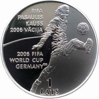 Latvia coin 1 Lats - FIFA World Cup 2006 (2004) reverse reverse of 1 Lats - FIFA World Cup 2006 (2004) coin with KM# 63 from Latvia. Inscription: FIFA PASAULES KAUSS 2006 VĀCIJA 2006 FIFA WORLD CUP GERMANY TM 1 LATS