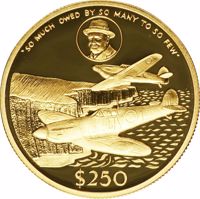 Cayman Islands coin 250 Dollars - Elizabeth II - Winston Churchill - Spitfires over Dover (1990) reverse reverse of 250 Dollars - Elizabeth II - Winston Churchill - Spitfires over Dover (1990) coin with KM# 107 from Cayman Islands. Inscription: 'TO MUCH OWNED BY SO MANY TO SO FEW' $250