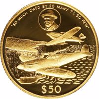 Cayman Islands coin 50 Dollars - Elizabeth II - Winston Churchill - Spitfires over Dover (1990) reverse reverse of 50 Dollars - Elizabeth II - Winston Churchill - Spitfires over Dover (1990) coin with KM# 105 from Cayman Islands. Inscription: 'TO MUCH OWNED BY SO MANY TO SO FEW' $50