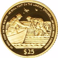 Cayman Islands coin 25 Dollars - Elizabeth II - Winston Churchill - Evacuation of Dunkirk (1990) reverse reverse of 25 Dollars - Elizabeth II - Winston Churchill - Evacuation of Dunkirk (1990) coin with KM# 104 from Cayman Islands. Inscription: WE SHALL FIGHT ON THE BEACHES · WE SHALL FIGHT ON THE LANDING GROUNDS .... WE SHALL NEVER SURRENDER $100