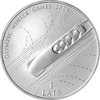 reverse of 1 Lats - Bobsleigh (2005) coin with KM# 69 from Latvia. Inscription: OLYMPIC WINTER GAMES 2006 1 LATS