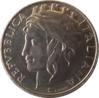 obverse of 50 Lire (1996 - 2001) coin with KM# 183 from Italy. Inscription: REPVBBLICA ITALIA