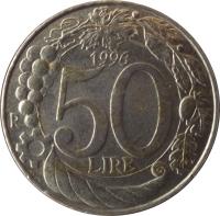 Italy coin 50 Lire (1996 - 2001) reverse reverse of 50 Lire (1996 - 2001) coin with KM# 183 from Italy. Inscription: 50 LIRE