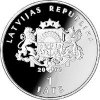 obverse of 1 Lats - Ice Hockey World Championship (2005) coin with KM# 76 from Latvia. Inscription: LATVIJAS REPUBLIKA 2005 1 LATS
