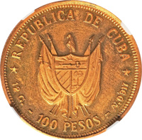 obverse of 100 Pesos - Carlos Manuel de Céspedes (1977) coin with KM# 43 from Cuba. Inscription: REPUBLICA DE CUBA * 12G. - 100 PESOS - AV 0'917 *