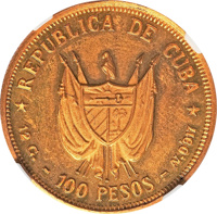 Cuba coin 100 Pesos - Carlos Manuel de Céspedes (1977) obverse obverse of 100 Pesos - Carlos Manuel de Céspedes (1977) coin with KM# 43 from Cuba. Inscription: REPUBLICA DE CUBA * 12G. - 100 PESOS - AV 0'917 *