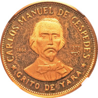 reverse of 100 Pesos - Carlos Manuel de Céspedes (1977) coin with KM# 43 from Cuba. Inscription: CARLOS MANUEL DE CESPEDES 1868 1977 * GRITO DE YARA *