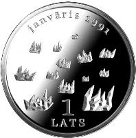 obverse of 1 Lats - Barricades of January 1991 (2006) coin with KM# 78 from Latvia. Inscription: janvāris 1991 1 LATS