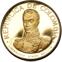 obverse of 300 Pesos - Battle of Boyaca (1969) coin with KM# 240 from Colombia. Inscription: REPUBLICA DE COLUMBIA * LIBERTADOR SIMON BOLIVAR *