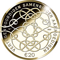 reverse of 20 Euro - Willem-Alexander - King Willem-Alexander's 50th birthday (2017) coin from Netherlands. Inscription: VERTEGENWOORDIGEN SAMENBINDEN AANMOEDIGEN € 20 2017