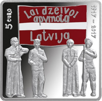 obverse of 5 Euro - Latgale Congress (2017) coin with KM# 189 from Latvia. Inscription: 5 euro Lai dzeivoi apvienota Latvija 1917–2017