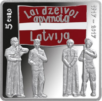 Latvia coin 5 Euro - Latgale Congress (2017) obverse obverse of 5 Euro - Latgale Congress (2017) coin with KM# 189 from Latvia. Inscription: 5 euro Lai dzeivoi apvienota Latvija 1917–2017