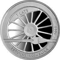 obverse of 1 Lats - Railway in Latvia (2011) coin with KM# 125 from Latvia. Inscription: 1 LATS LATVIJAS REPUBLIKA 2011