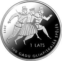 Latvia coin 1 Lats - 100 years in Olympic Games (2012) obverse obverse of 1 Lats - 100 years in Olympic Games (2012) coin with KM# 128 from Latvia. Inscription: 2012 1 LATS 100 GADU OLIMPISKAJĀS SPĒLĒS