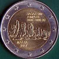 obverse of 2 Euro - Malta's prehistoric monuments: Ħaġar Qim Temples (2017) coin from Malta. Inscription: ĦAĠAR QIM TEMPLES 3600 - 3200 BC MALTA 2017 NGB F