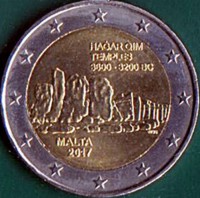 Malta coin 2 Euro - Malta's prehistoric monuments: Ħaġar Qim Temples (2017) obverse obverse of 2 Euro - Malta's prehistoric monuments: Ħaġar Qim Temples (2017) coin from Malta. Inscription: ĦAĠAR QIM TEMPLES 3600 - 3200 BC MALTA 2017 NGB F