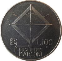 reverse of 100 Lire - 100th Anniversary to Birth of Guglielmo Marconi (1974) coin with KM# 102 from Italy. Inscription: 1874 1974 L.100 GUGLIELMO MARCONI