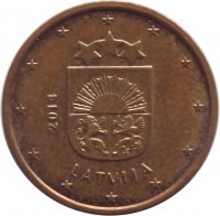 obverse of 1 Euro Cent (2014 - 2015) coin with KM# 150 from Latvia. Inscription: 2014 LATVIJA