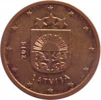 obverse of 2 Euro Cent (2014 - 2015) coin with KM# 151 from Latvia. Inscription: 2014 LATVIJA