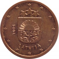 Latvia coin 2 Euro Cent (2014 - 2015) obverse obverse of 2 Euro Cent (2014 - 2015) coin with KM# 151 from Latvia. Inscription: 2014 LATVIJA