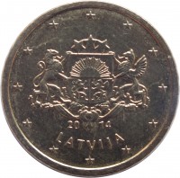 obverse of 10 Euro Cent (2014 - 2015) coin with KM# 153 from Latvia. Inscription: 20 14 LATVIJA