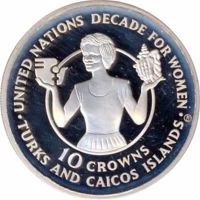 Turks and Caicos Islands coin 10 Crowns - Elizabeth II - Decade for Women (1985) reverse reverse of 10 Crowns - Elizabeth II - Decade for Women (1985) coin with KM# 63 from Turks and Caicos Islands. Inscription: UNITED NATIONS DECADE FOR WOMEN 10 CROWNS · TURKS AND CAICOS ISLANDS ·