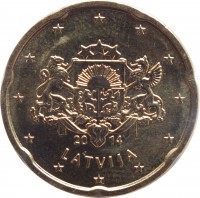 obverse of 20 Euro Cent (2014 - 2015) coin with KM# 154 from Latvia. Inscription: 20 14 LATVIJA