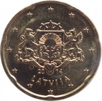 Latvia coin 20 Euro Cent (2014 - 2015) obverse obverse of 20 Euro Cent (2014 - 2015) coin with KM# 154 from Latvia. Inscription: 20 14 LATVIJA