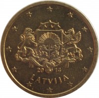 obverse of 50 Euro Cent (2014 - 2015) coin with KM# 155 from Latvia. Inscription: 20 14 LATVIJA